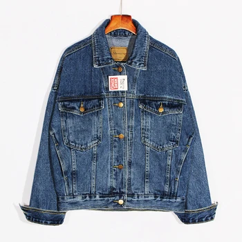 

Vintage Washed Blue Denim Jacket Women Coat Loose Pocket Long sleeve Outerwear Chaqueta Mujer Autumn Short Jeans Jacket Female