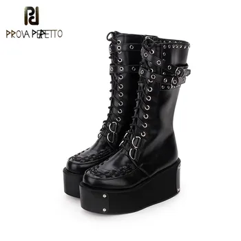 

Prova Perfetto Leather Round Punk Style Lolita Boots Knee Lace Up High Boots Lolita Shoes Mid-Calf High Platform Rivet Boots