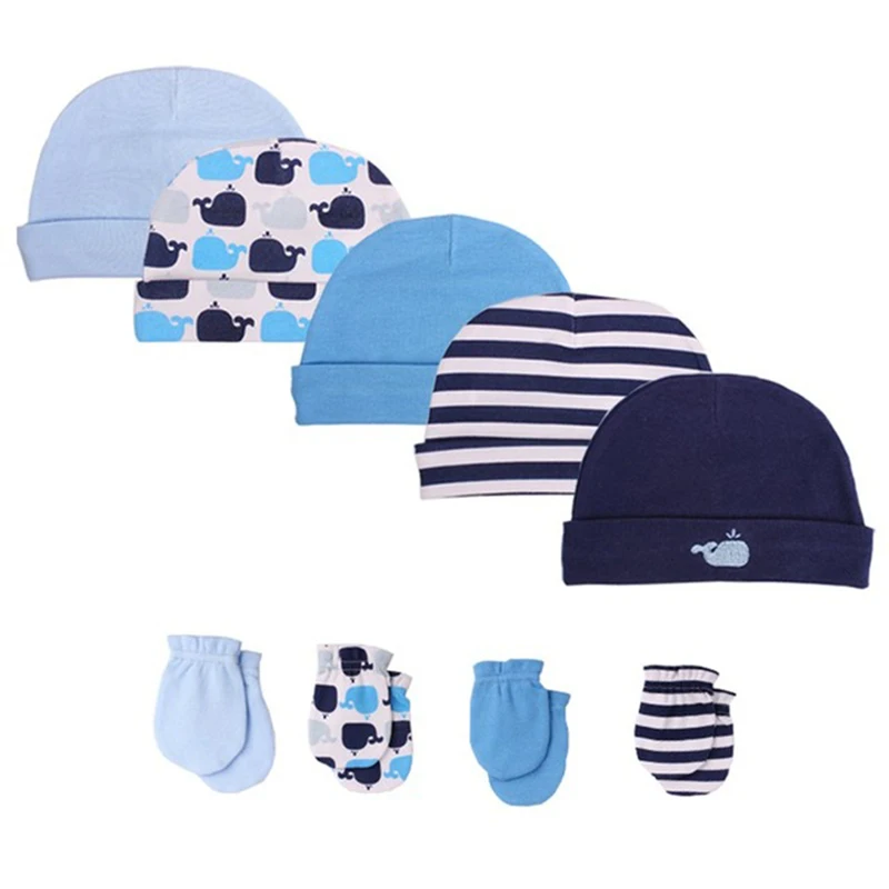 2022 Unisex Baby Hats+Gloves Headwear Cotton Solid Newborn Nightcap Fitted Baby Boys Girls Sets Print Cartoon Baby Accessories 5