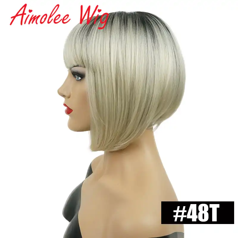 Aimolee Short Straight Blonde Ombre Bob Dark Roots Wig Heat Resistant Synthetic Hair Wig For Women