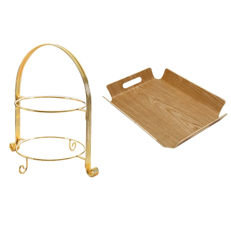 

1 Pcs Bread Wooden Tray Wood Coffee Tea Serving Tray With Handles & 1 Pcs Fruit Plate Two - Layer Snack Rack