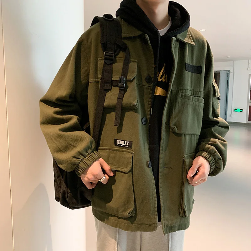 Army green Новая Осенняя хлопковая куртка Мужская модная однотонная Повседневная куртка с карманами Мужская Уличная Хип-хоп Свободная куртка-бомбер - Color: Army green