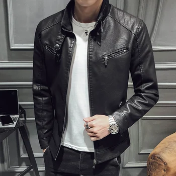 

Men Leather Jacket 2020 New Men's Fashion All-in-one PU Leather Garment Slimming Warm Fleece Zipper Front Leather Garment