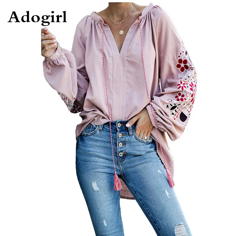 

Green/Black/Blue/Pink Relaxing Fit Floral Embroidered Peasant Blouse Top Women 2019 Autumn Spring V Neck Plus Size S-XXL Blouse
