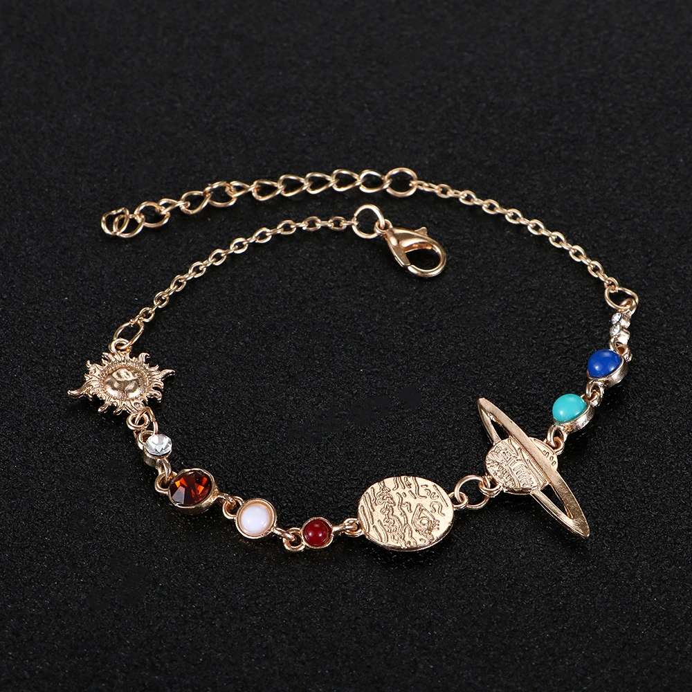 

Women Bohemian Planet Anklets Gold Color Stone Beads Planet Foot Bracelets Summer Beach Barefoot Jewelry on leg Ankle Chain Gift
