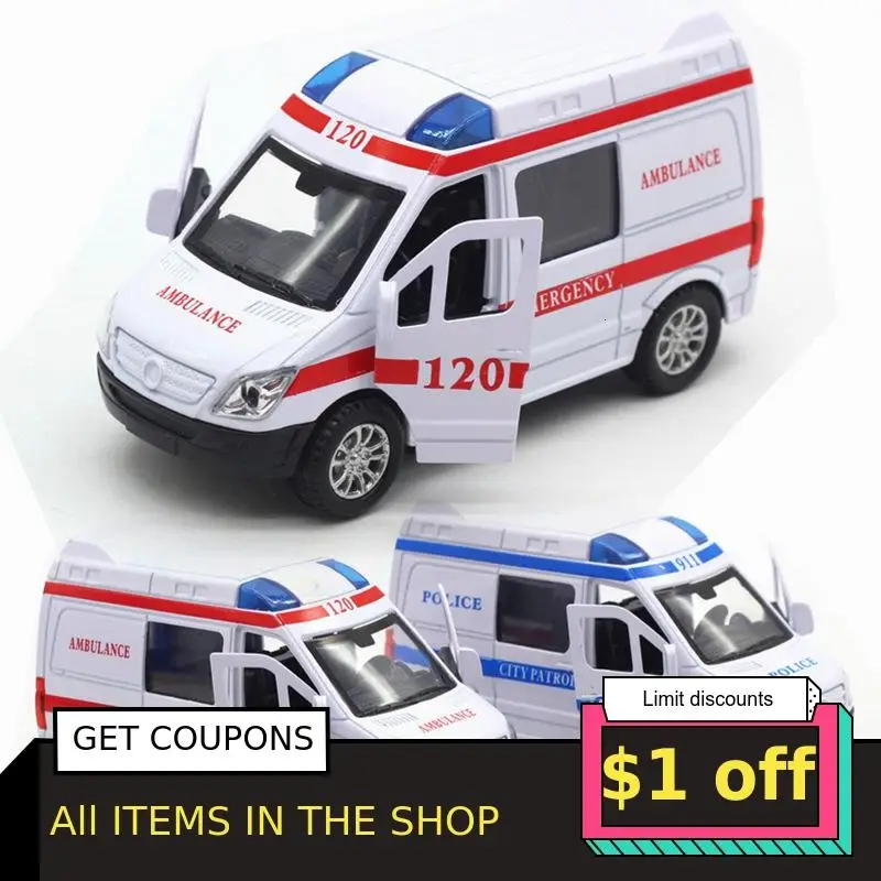 1/32 Diecast Alloy Car Metal Model Simulation Ambulance Police Vehicle Fire Truck Sound And Light Toy For Children Birthday Gift