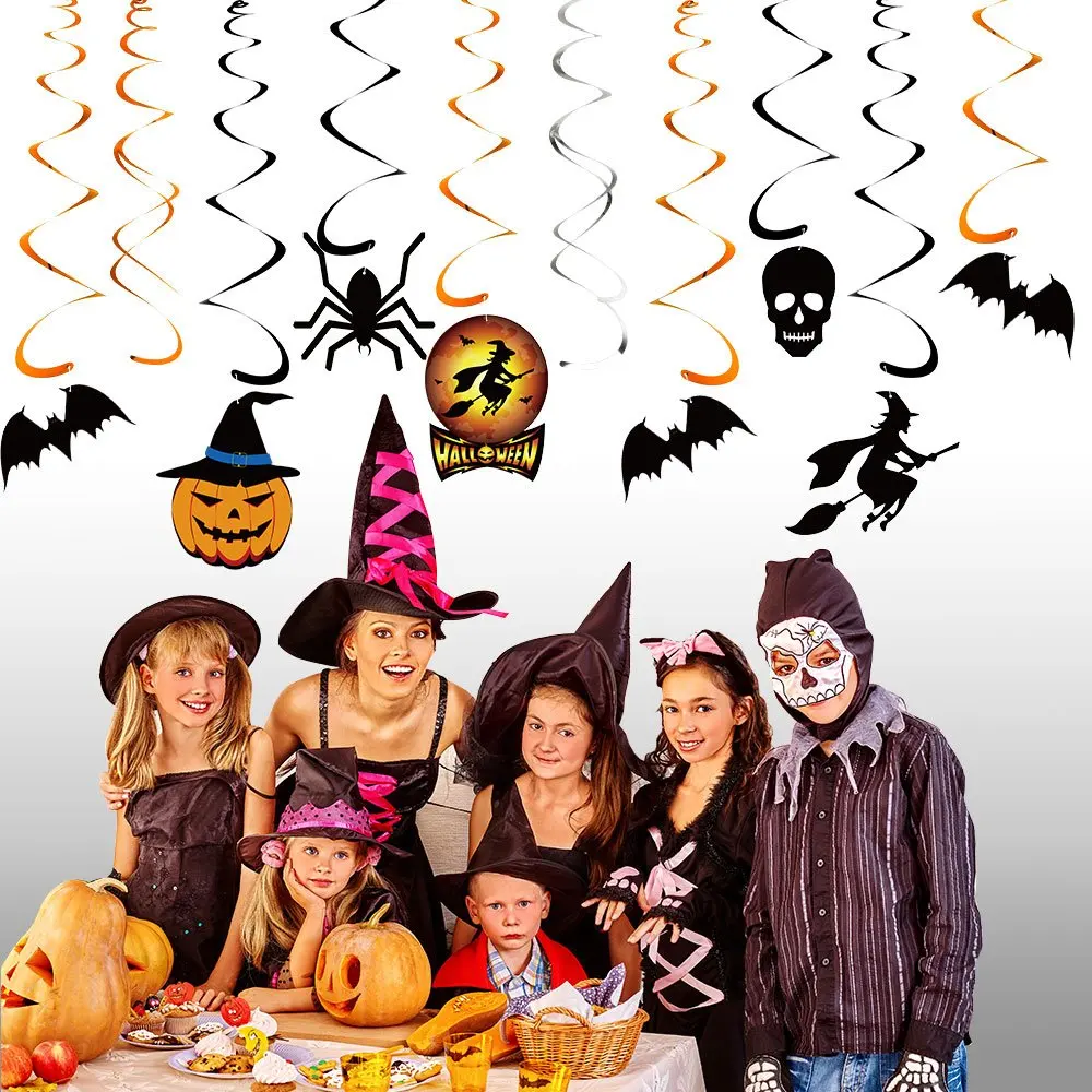 34 Pieces Halloween Party Hanging Swirl Decoration Scary Theme Ceiling Decorations Witches Bats Spider  Swirl Hanging Cards