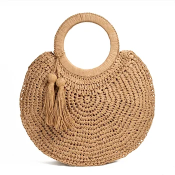 

Fashion fringed straw bag tassel round hand beach woven bag casual women totes