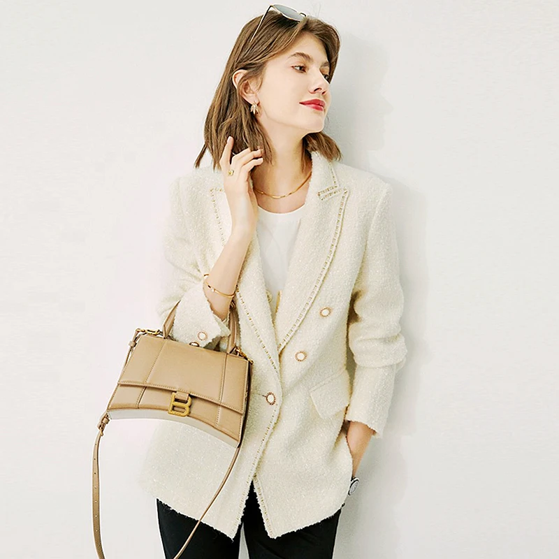 

High Quality Blazers Women Suit 60% Wool Blended Simple Design Long Sleeve Double breasted Solid Suit Elegant New Fashion