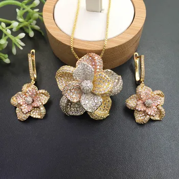 

Lanyika Jewelry Stereo Stylish Blooming Flower Plated Necklace with Earrings Banquet Popular Best Gifts