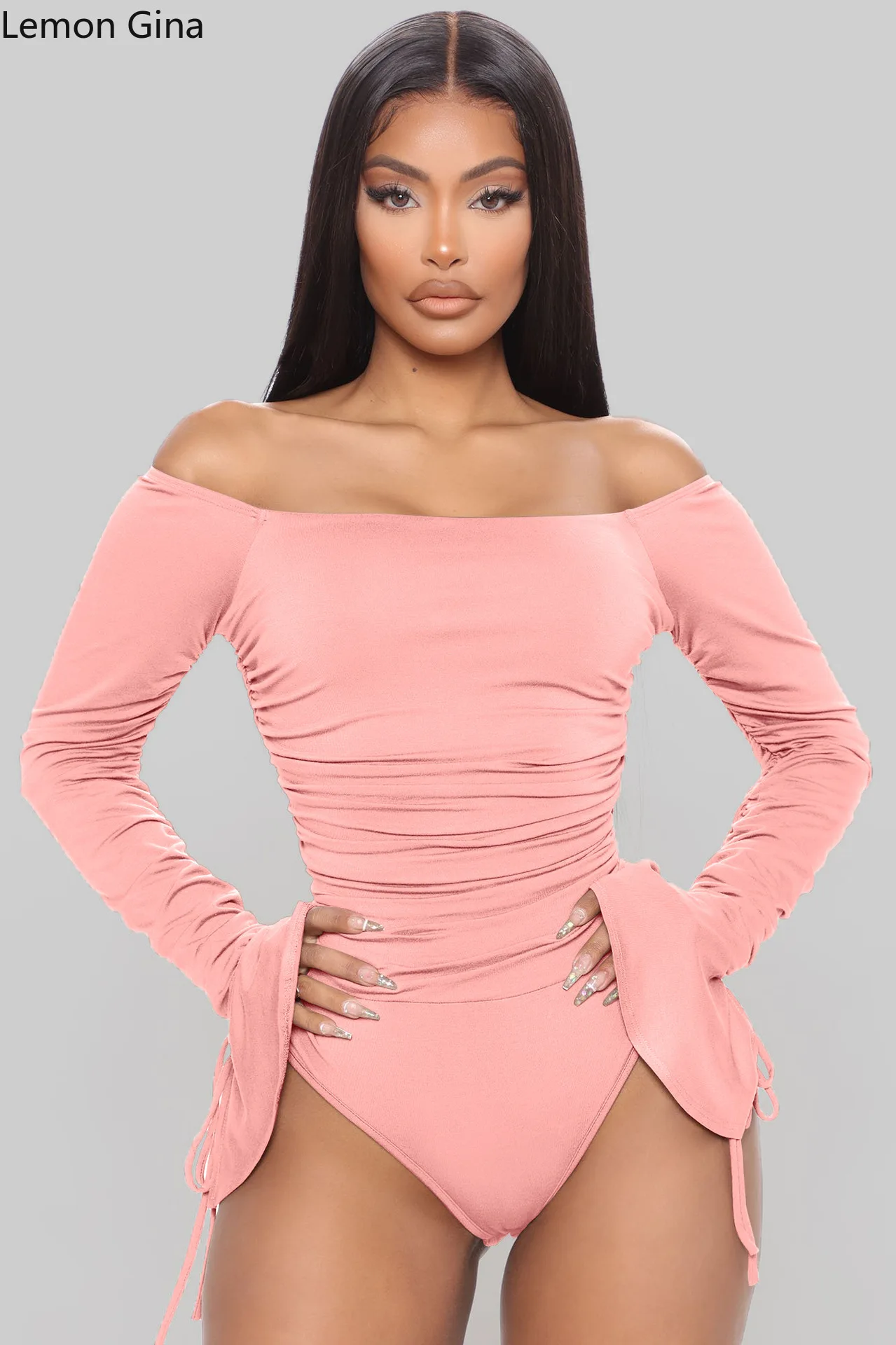 Lemon Gina Women Off Shoulder Slash Neck Flare Long Sleeve Ruched Stacked  Bodycon Bodysuit - Bodysuits - AliExpress