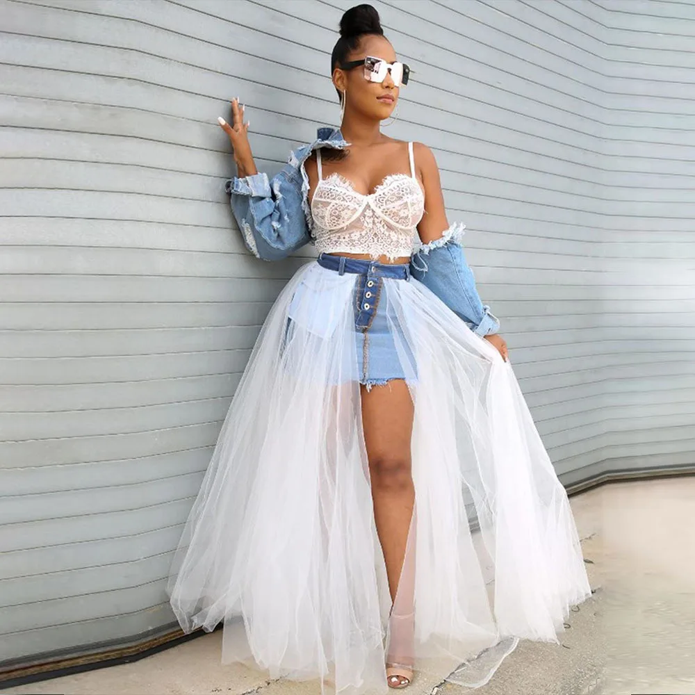 

Echoine Denim Sheer Mesh Lace Patchwok Skirt Tulle Tutu Pleated Long White Skirt Sexy Club Outfits Denim Mini Skirts Streetwear