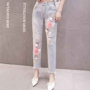 

Heavy Industry Embroidery 2020 Season Burr Hole Flowers Nail Beads Cowboy Nine Points Pants Pencil Feet Pants