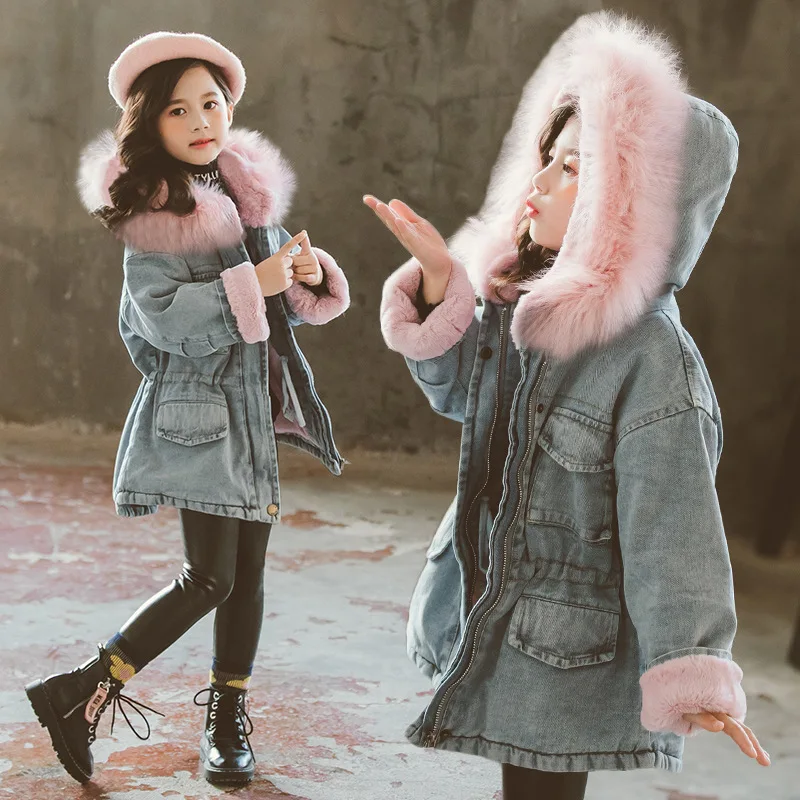 Зимние джинсовые куртки для девочек, Вельветовая верхняя одежда с капюшоном и меховым воротником для девочек, пальто Одежда для детей 6, 8, 10 лет Детские плотные пальто - Цвет: Розовый