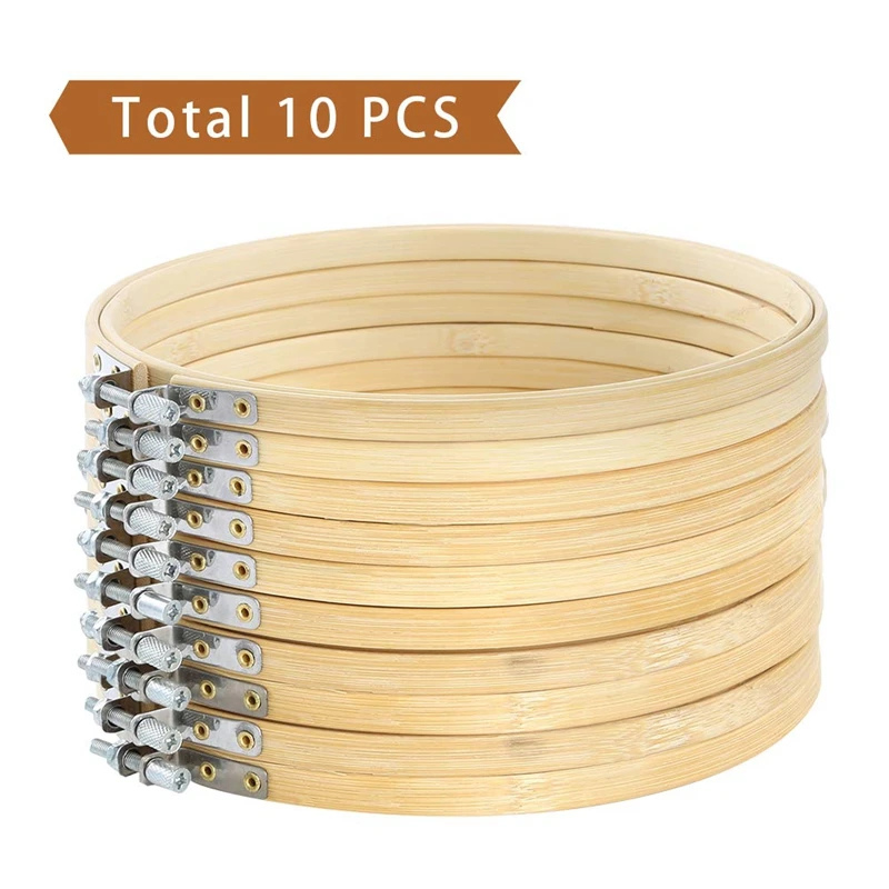 10 Pieces 8 Inch Embroidery Hoops Round Adjustable Bamboo Circle Cross Stitch Hoop Ring Bulk for Art Craft Handy Sewing