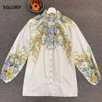 

2020 Autumn Fashion Shirts High Quality Blouses Woman Stand Neck Elegant Little Floral Print Long Sleeve Casual Button Shirt
