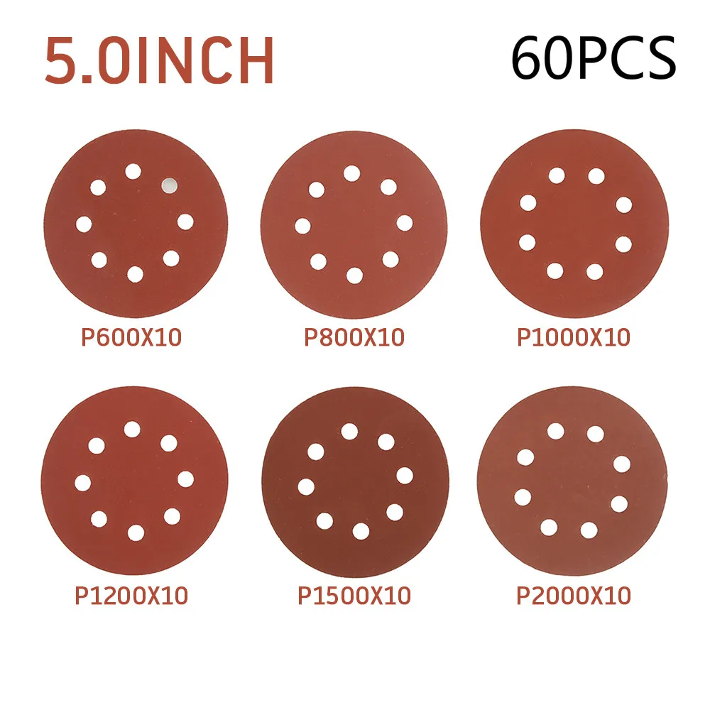 

60pcs Hook and Loop Abrasive Sand Paper Red Sanding Disc with 8 Holes 125mm Grits 600 To 2000 Sanding Discs Pad Polishing Tools
