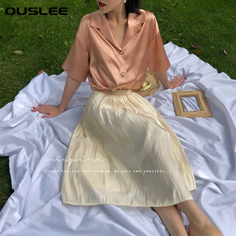 

Women's High Waisted Midi Skirt, Monochromatic, A-Line, Elegant, Korean Style, Office Lady, Satin, Long, Spring, Summer, New