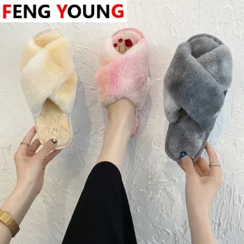 

Slippers Fleece Female Cross with Open Toe Short Plush Warm Fur Slippers Female Slides 2020 New Beach Flat Women Furry