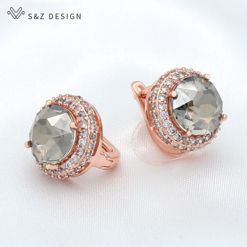 S&Z DESIGN New Trendy Cubic Zirconia 585 Rose Gold Color Round Crystal Dangle Earrings For Women Wedding Jewelry Gift