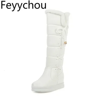 

Women Boots Autumn Winter Warm Med Heel Pu Knee High Plush Snow Boots Height Increasing Faux Fur 2019 New Sexy Fashion White
