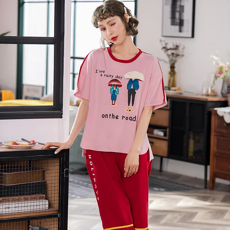 

Peach Scent Knitted Cotton Spring Summer Cartoon WOMEN'S Short-sleeved Clothes Casual Capri Pants Two-Piece Set Pajamas Suit Tra