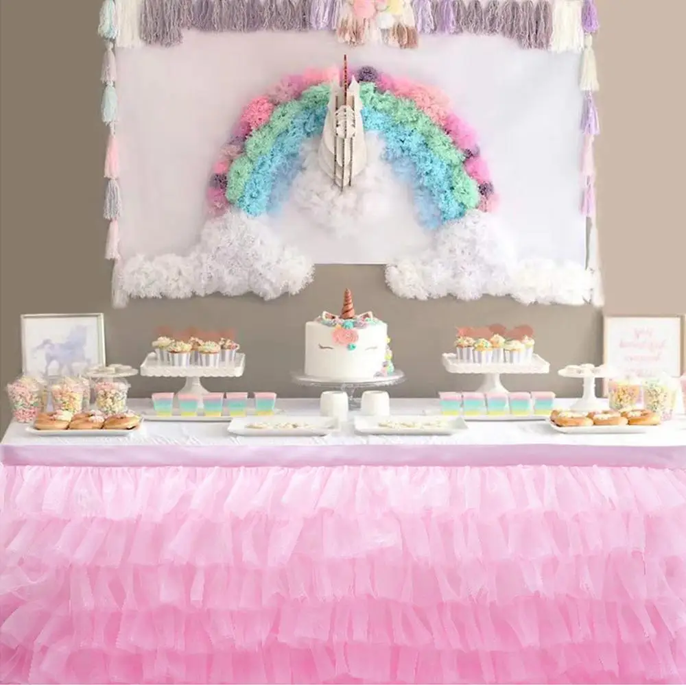 Ruffle Pink Юбка для стола, Тюлевая юбка для стола, для свадебного украшения, для дня рождения, банкета, вечерние, для свадебного стола, 180x77 см - Цвет: Ruffle Pink