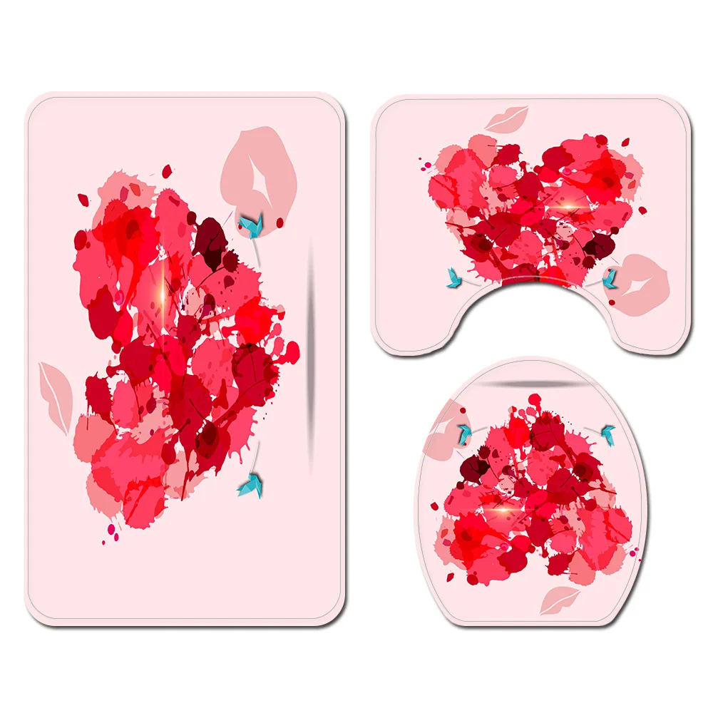 Розовая водостойкая занавеска для душа Love, ковровое покрытие для туалета, коврик для ванной, наволочка для ванной, занавеска для ванной, подарок на день Святого Валентина - Цвет: A 3PCS