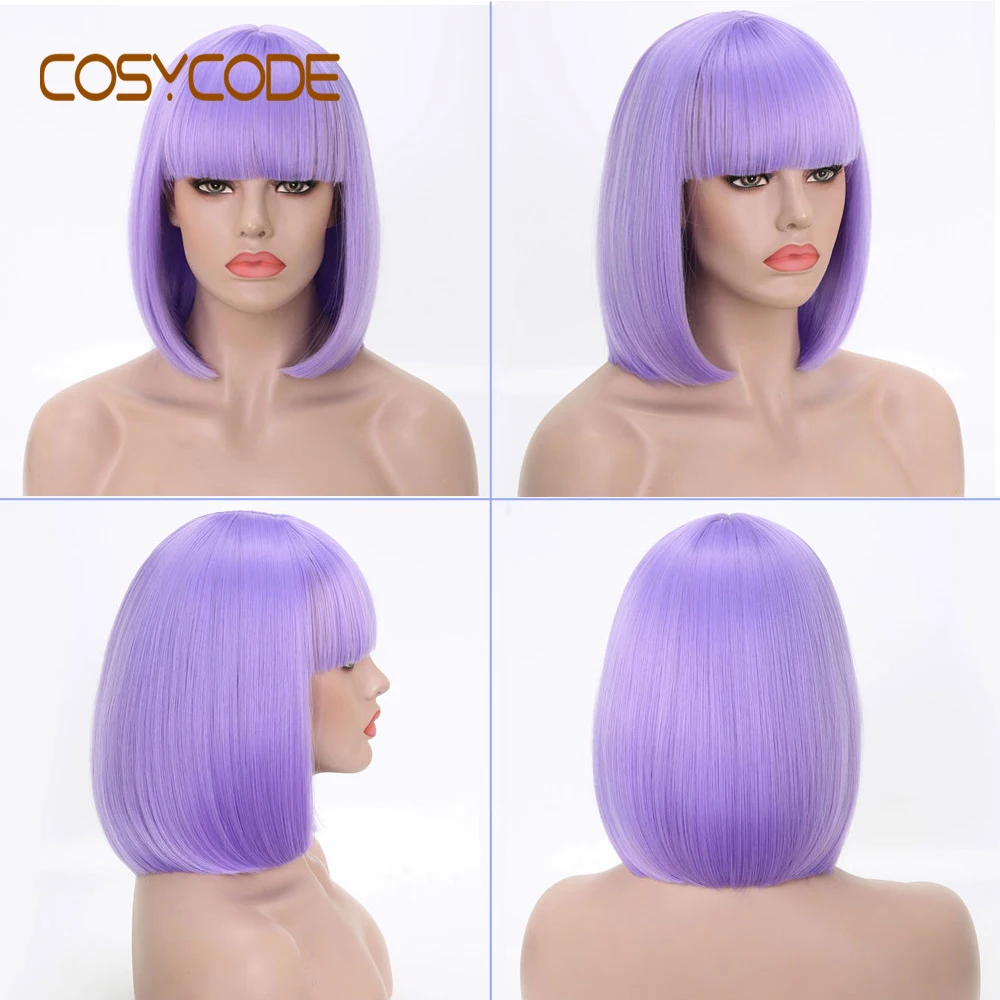 COSYCODE черный боб парик с челкой 13 дюймов короткий прямой женский парик некружевной Синтетический Косплей Костюм Парики 34 см - Цвет: Fresh Purple