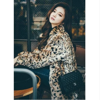 

Winter Warm Womans Faux Fur Leopard Lapel Collar Mid Long S-6XL Plus Size Outwear Coat D30