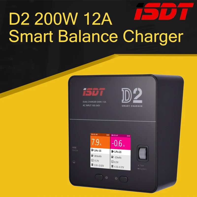 

ISDT D2 200W 12A AC 100-240V Dual Channel Output Smart Balance Charger for 2S-6S Lipo Battery English Version