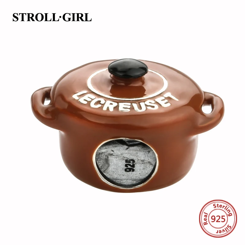 Strollgirl 925 Серебряный коричневые Эмали Запеканка горшок Бусины европейские антикварные Талисманы Fit