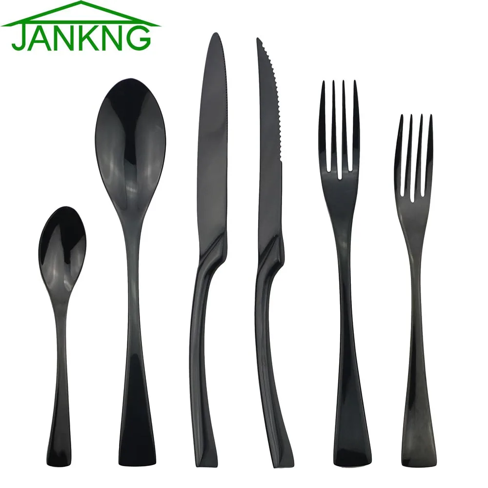 JANKNG 24Pcs 18/10 Stainless Steel Dinnerware Set Black Dinner Spoon Fork Knife Cutlery Set Tableware Set Service For 4 or 6