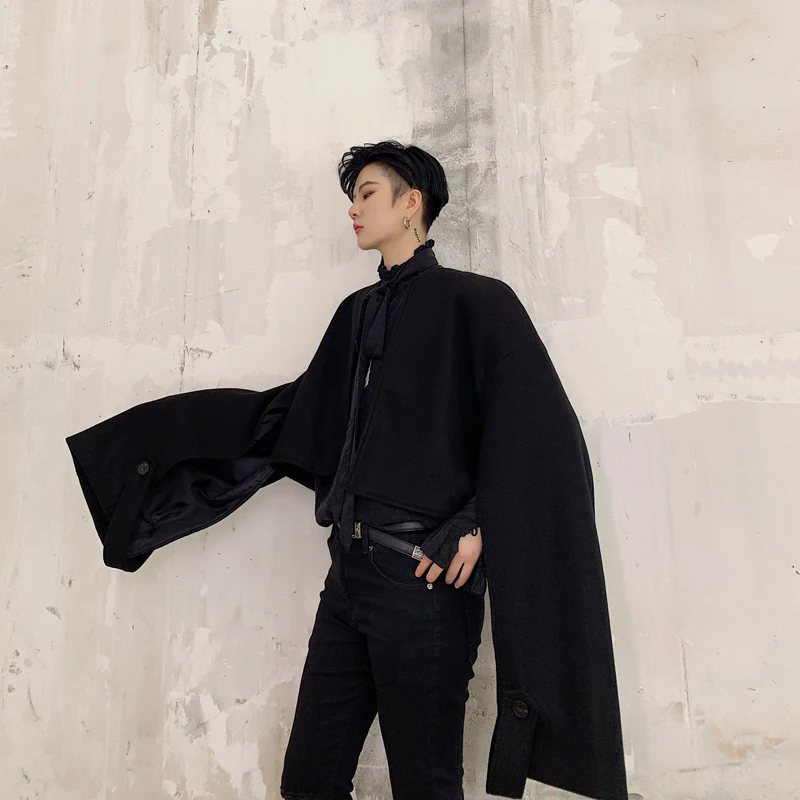 Мужская модная черная короткая шерстяная шаль с рукавом, Мужская Уличная одежда в стиле хип-хоп, готический кардиган, верхняя одежда, куртка-накидка
