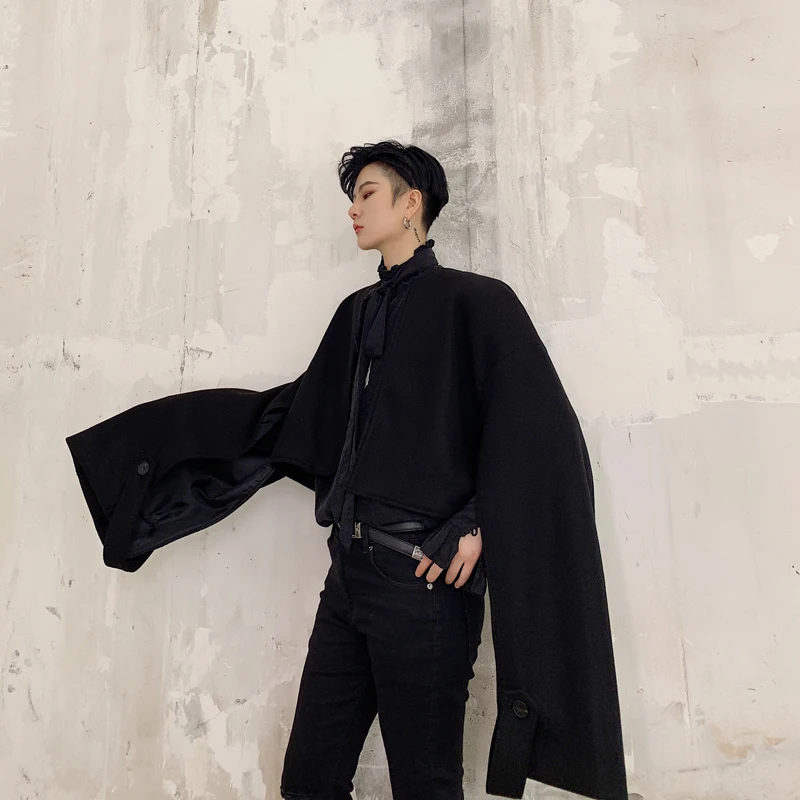 

Men Fashion Sleeve Slit Black Short Woolen Shawl Coat Male Streetwear Hip Hop Gothic Cardigan Outerwear Cape Jacket