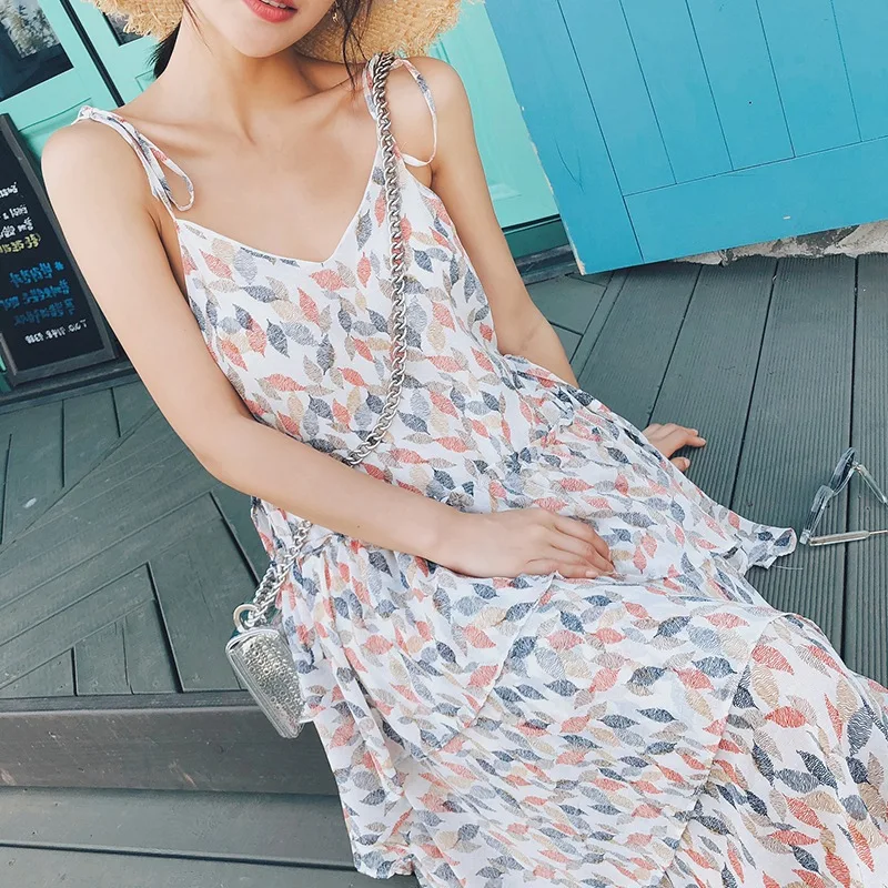 

Photo Shoot INS Holiday Floral-Print Beach Skirt Mid-length by Age Casual Wind V-neck Camisole Cute Cake Dress Women's