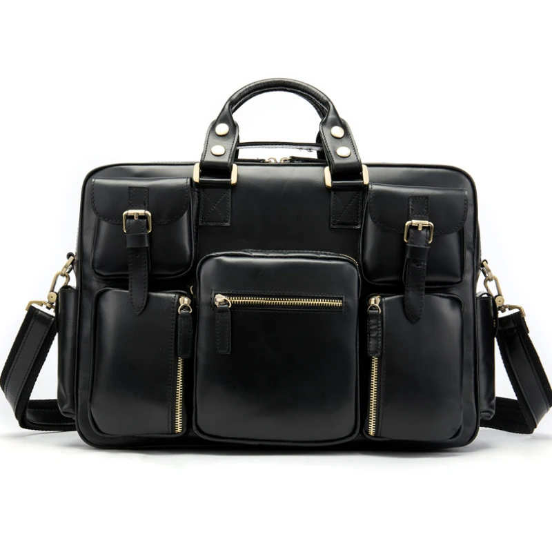 

MAHEU Luxury Designer Black Briefcase For Men 100% Genuine Leather Multi Pockets Busienss Bag Daily Tote Cowskin Shoulder Bags