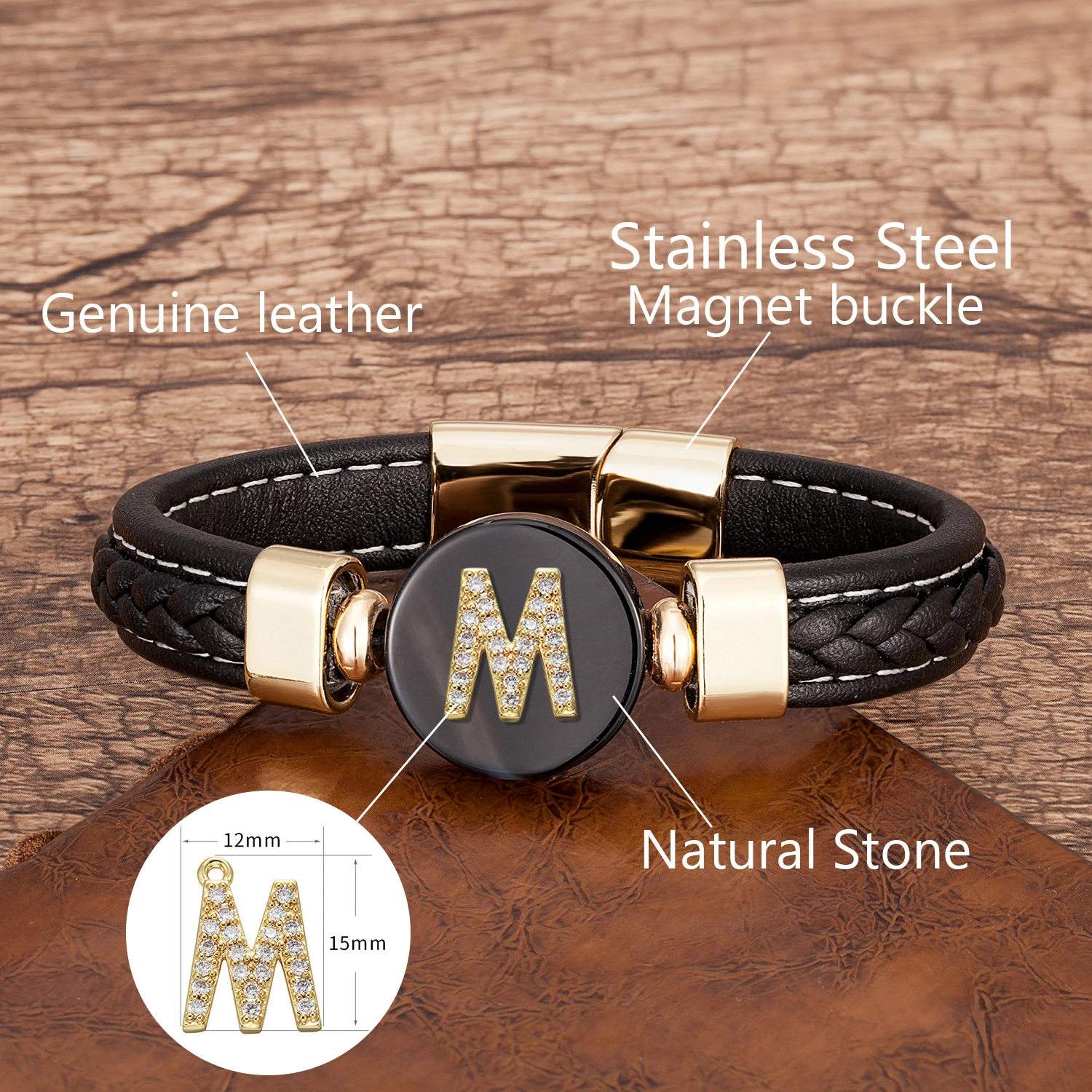 A-z Initial Letter Bracelet For Men 26 Zircon Letter Charm Bracelets Black Braided Leather Rope Chain Bangles Man Gifts