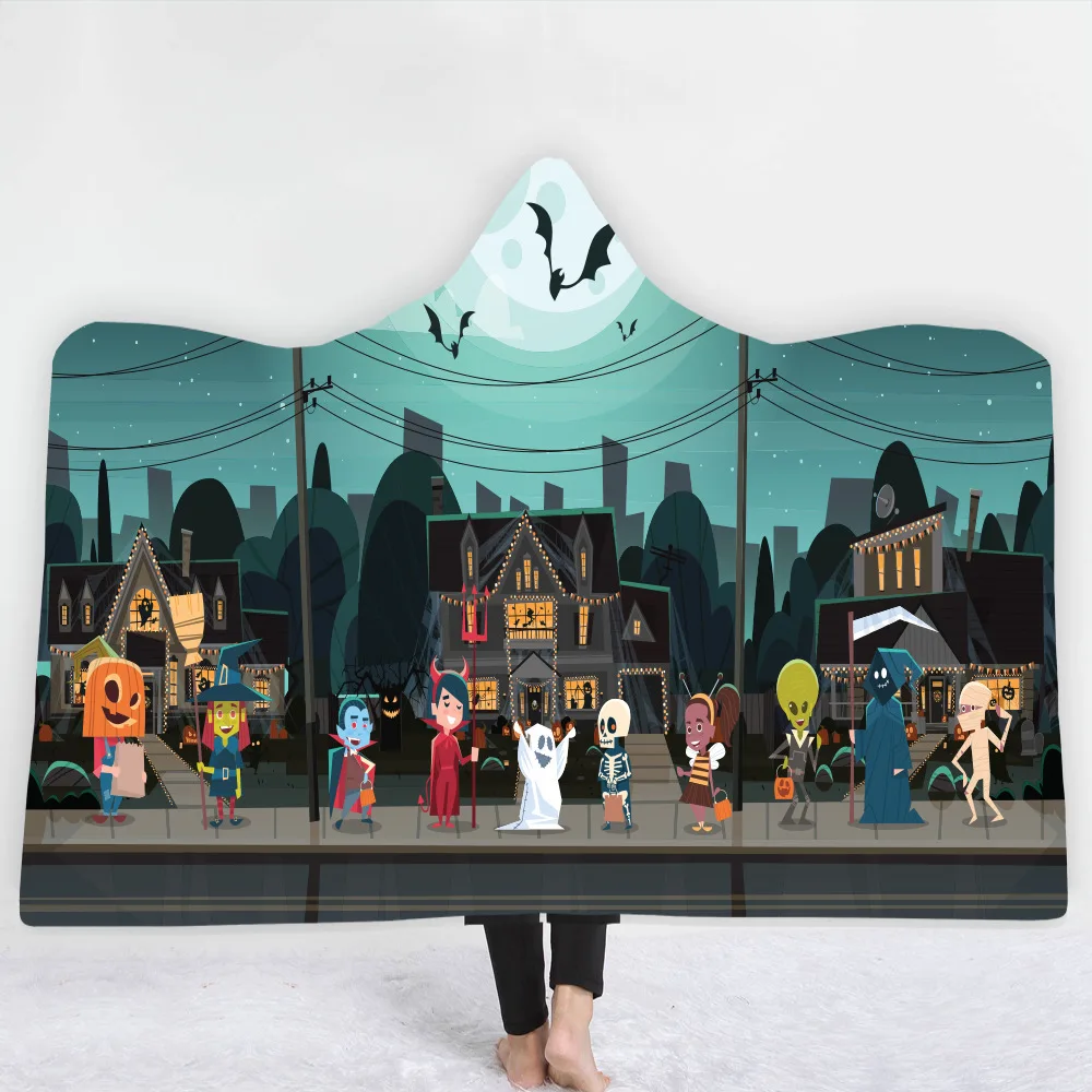 

Halloween Hooded Blanket For Adults Childs 3D Printed Plush Sherpa Fleece Hoodie Blanket Microfiber Throw Blanket For Home Sofa