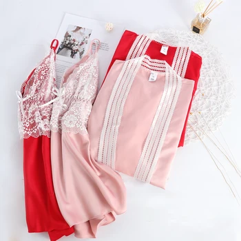 

Women Satin Sleepwear 2PCS Sleep Set Sexy Kimono Bathrobe Gown Nighty&Robe Suit Casual Nightdress Intimate Lingerie Nightwear