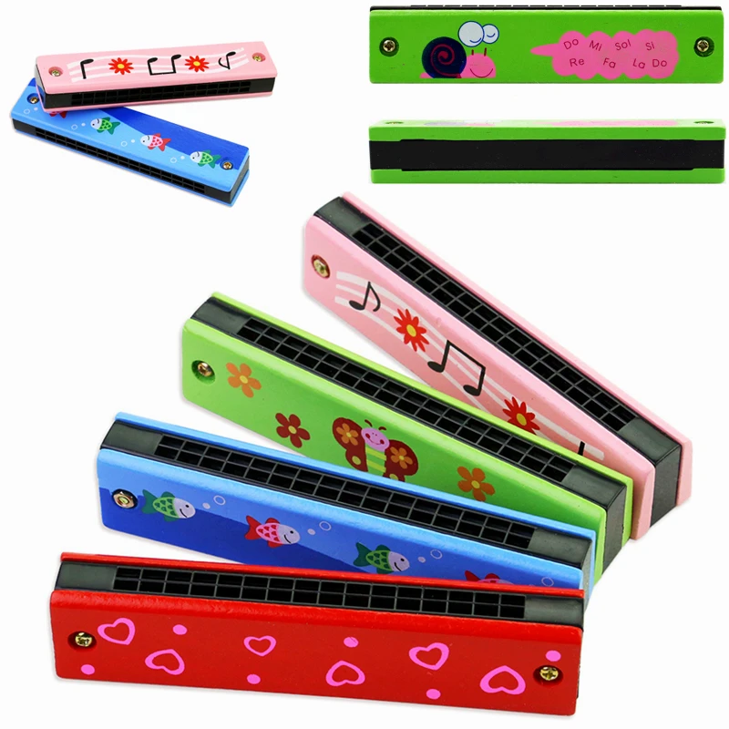 

Educational Musical Toys 16 Holes Children Harmonica Wooden Double Row Blowable Harmonica Cute Cartoon Pattern Beginner Kids Toy