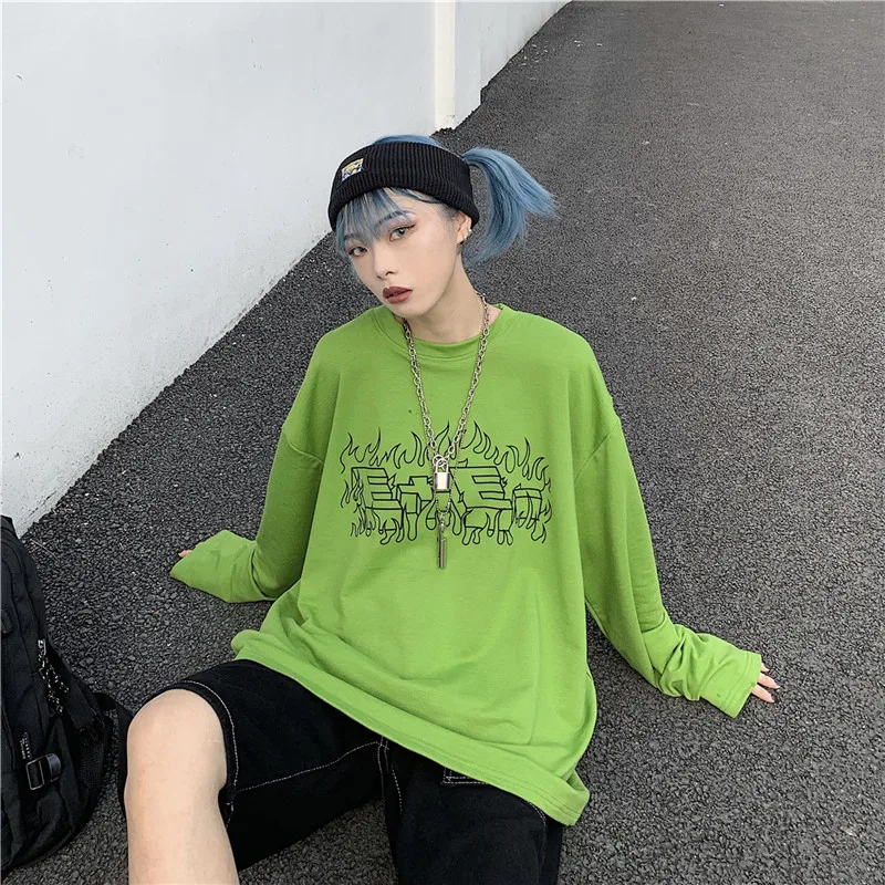 

Harajuku Solid Color Green Women T Shirt Flame Letter Print Autumn Women T-shirt Long Sleeve Loose Lady T-shirts