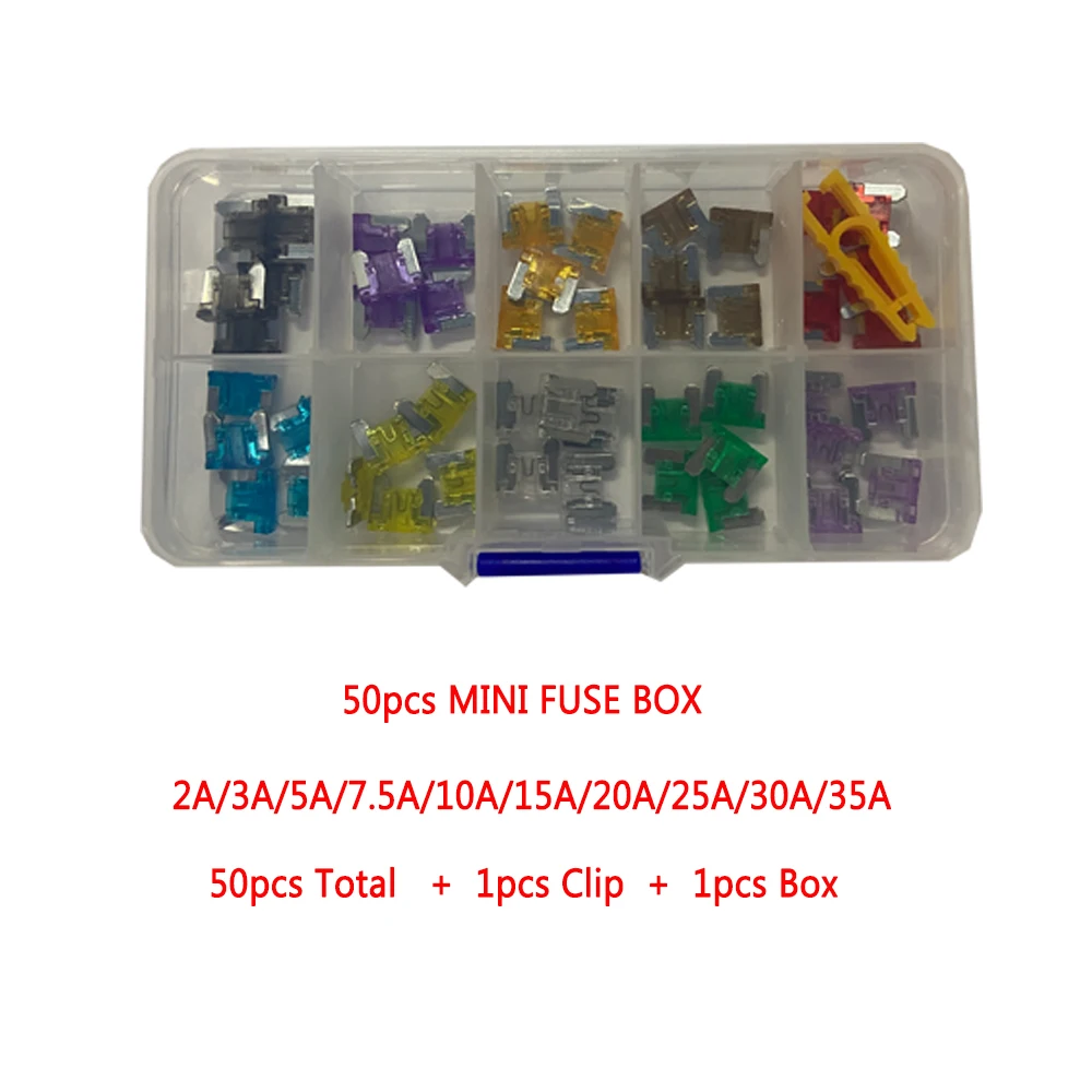 50PCS/Box Mini Car Fuses 2A 3A 5A 7.5A 10A 15A 20A 25A 30A 35A with Box Clip Assortment Auto Micro Blade Type Fuse Set Truck car fuses kit