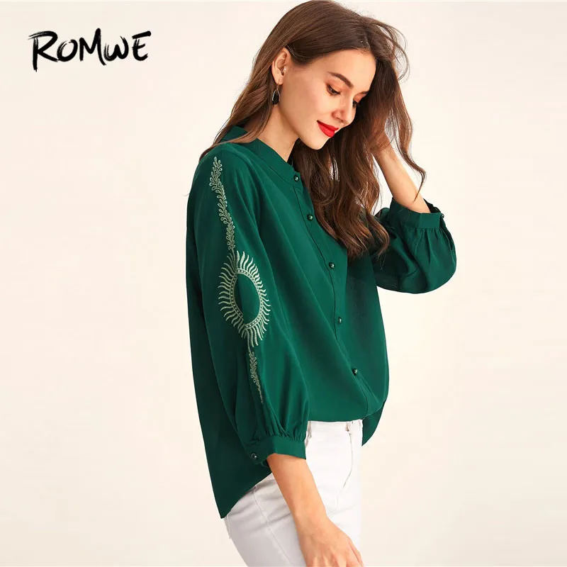 ROMWE вышитые Бишоп рукав кнопка вверх женская блузка Осень китайский стиль минималистичные женские топы Placket зеленая рубашка