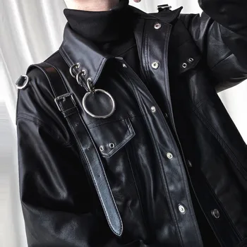 

Streetwear Gothic Motorcycle Cargo Coat Outerwear Punk Hip Hop Metal Ring Fashion PU Leather Jacket Men High Street