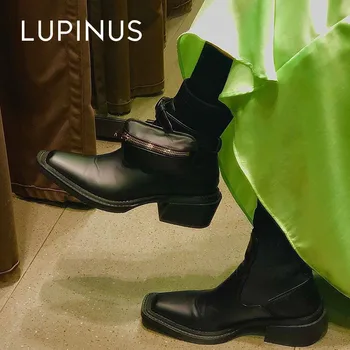 

Lupinus 2020 New Autumn Fashion Square Toe Straps Pocket Women Ankle Boots Chic Chunky Heel Leather Booties Autumn Botas Mujer