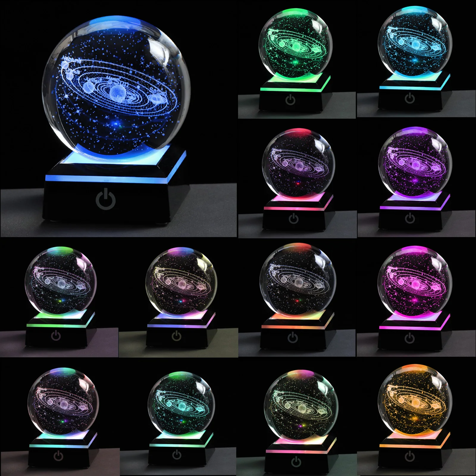 3D Crystal Solar System Ball Night Light 6/8CM LED Moon Galaxy Pattern Sphere For Home Bedroom Room Decor Table Lamp Glass Base | Лампы и