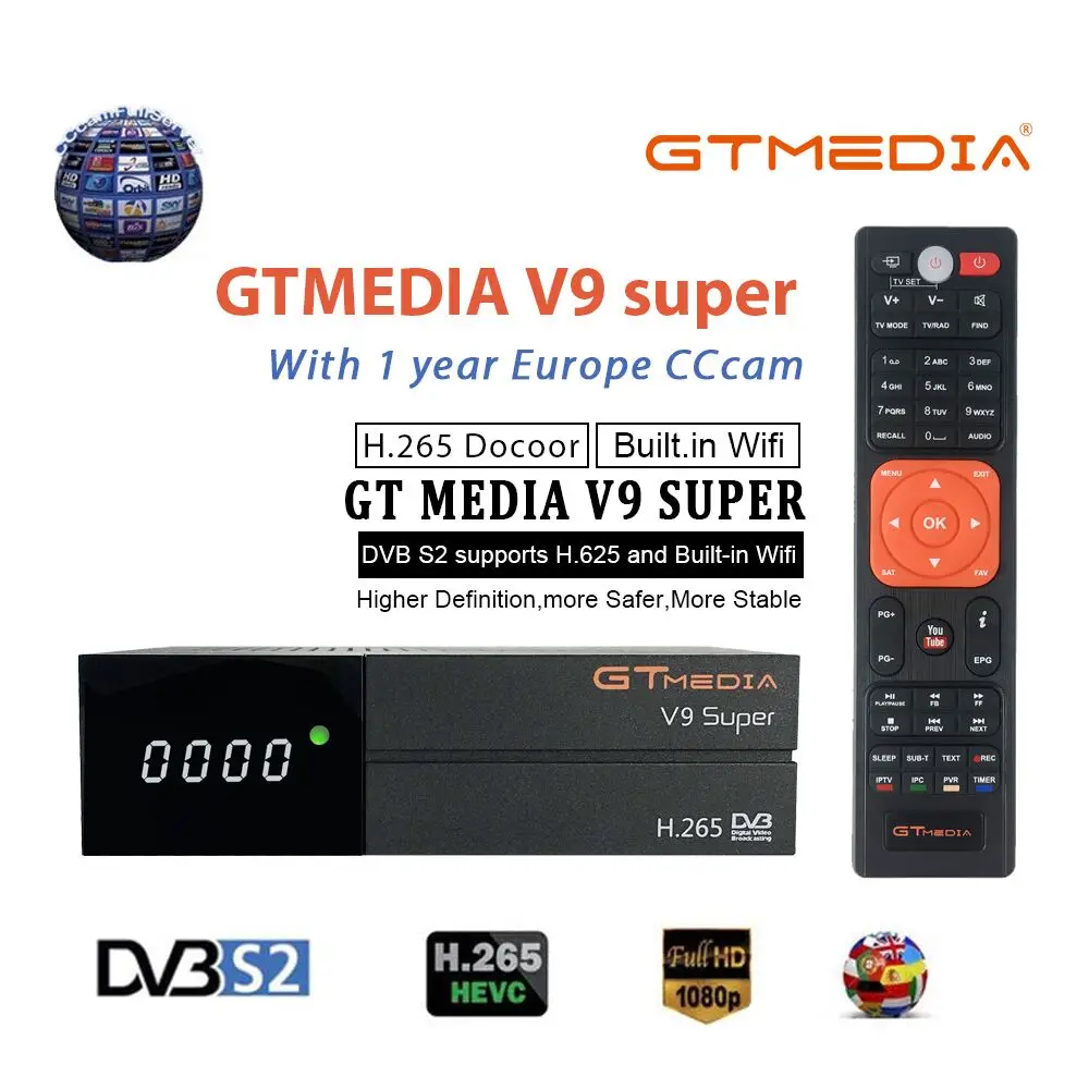GTMedia V9 Супер Спутниковый ресивер DVB-S2 H.265 встроенный WiFi с 1 год Испания Европа Cccam GTmedia V8 NOVA V9 супер приемники - Цвет: v9 with 5 clines