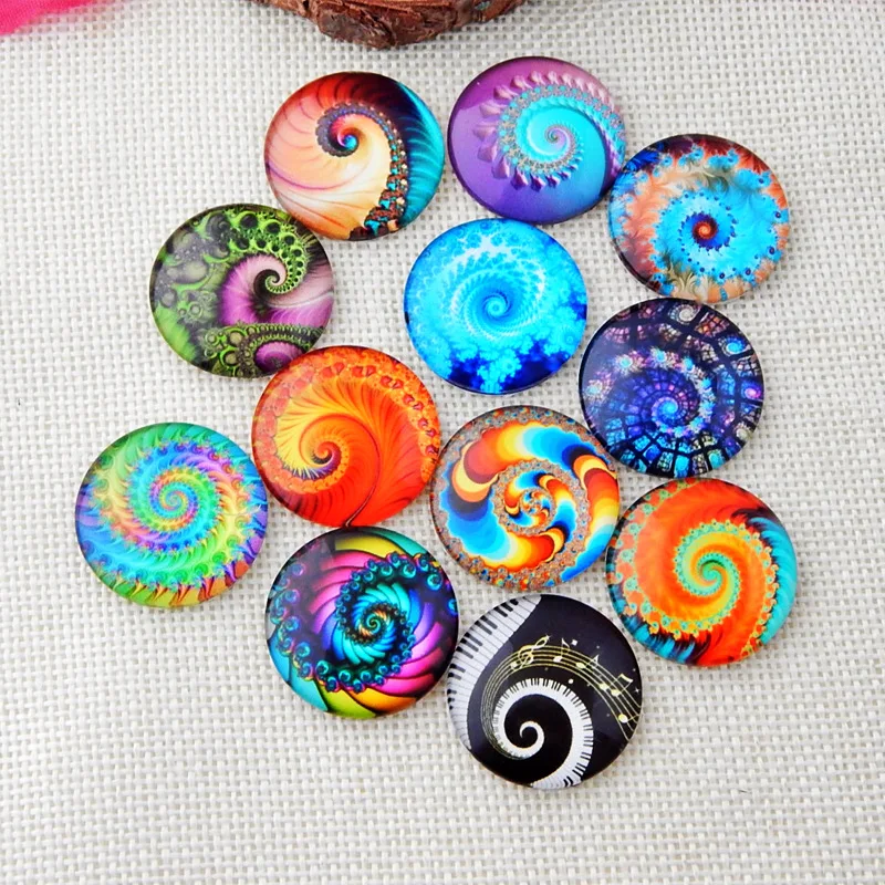 

10 Pcs Random Mix Fibonacci Pattern Round Glass Cabochon Necklace DIY Glass Patch Dome Flat Back Jewelry Findings