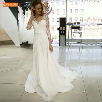 

Romantic Boho White V neck Wedding Dresses Lace Applique 3/4 Sleeves 2020 Wedding Gowns Zipper Button Chiffon Beach Bridal Dress